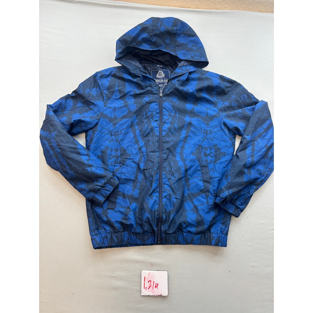 American Rag Mens Blue Black Abstract Tie Dye Hooded Windbreaker Jacket Medium